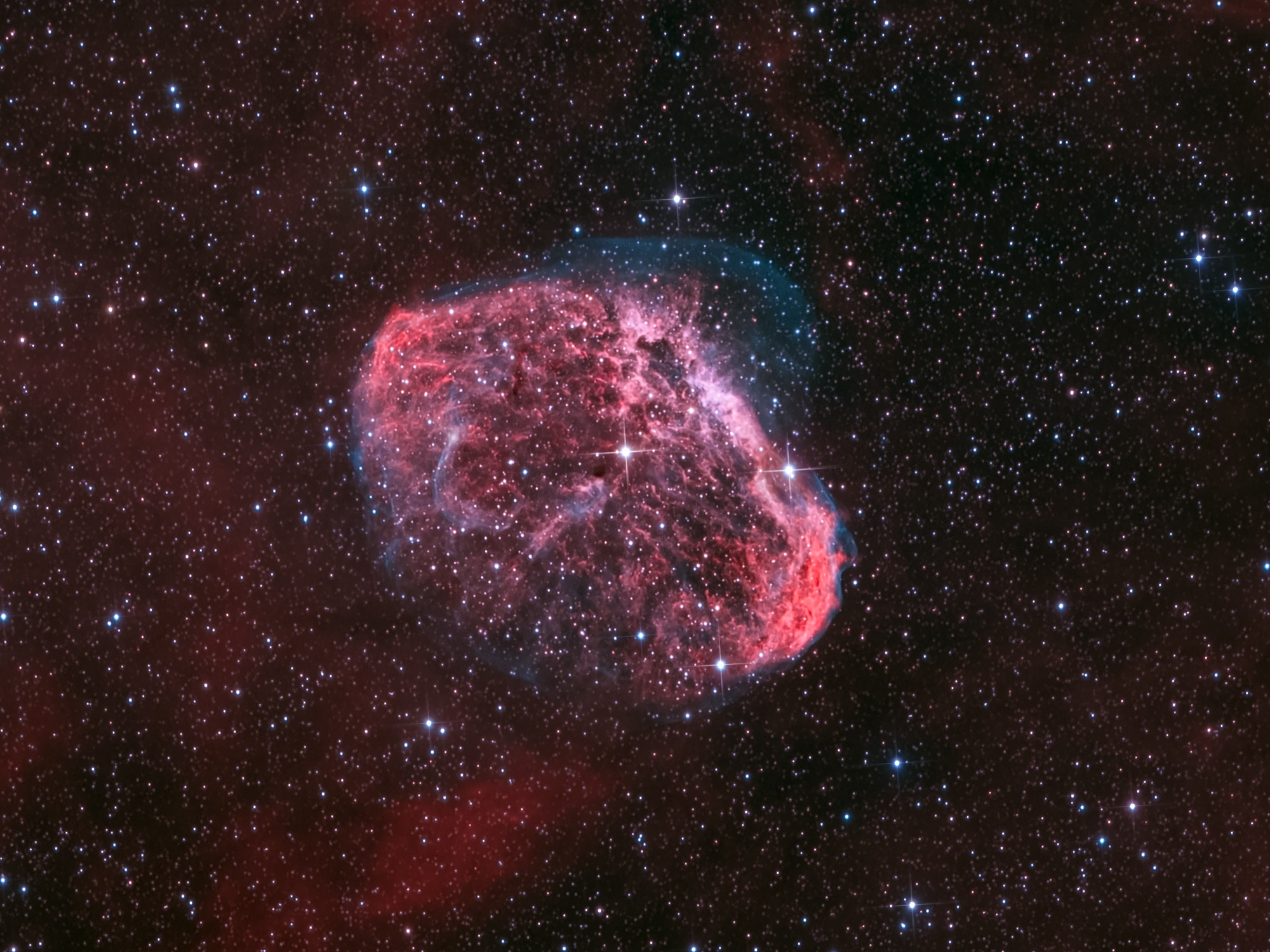 NGC 6888, the Crescent Nebula in the constellation Cygnus, is a special type of an emission nebula: a relatively rare Wolf-Rayet nebula.